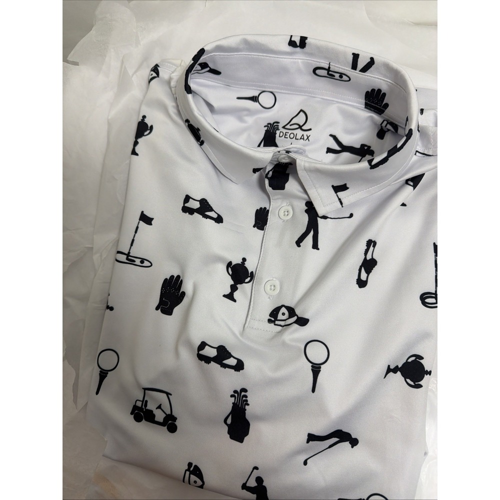 Deolax Golf Polo Shirt Mens L White Black Graphic Golf Performance Stretch Colla
